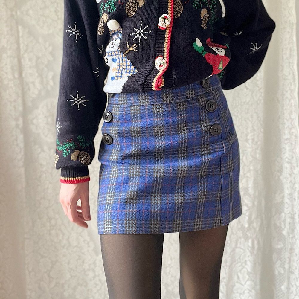 GAP Wool Blend Plaid Preppy Faux Button Front Mini Skirt